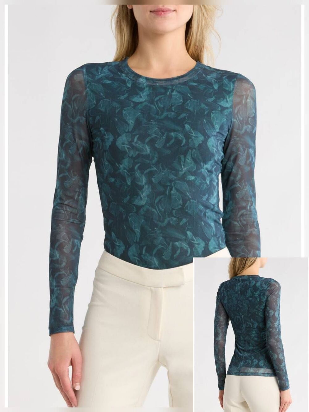Rag & Bone Aliyah Abstract Petal Print Long Sleeve Mesh Overlay Top Teal Sz. M